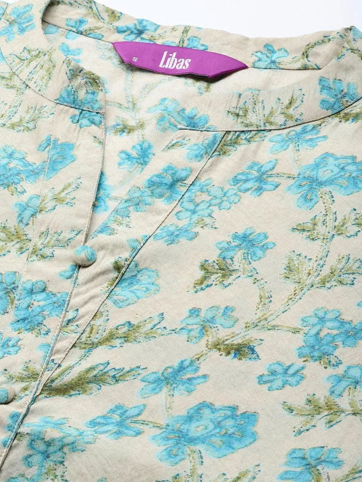 Beige Printed Silk Blend A-Line Kurti - Libas