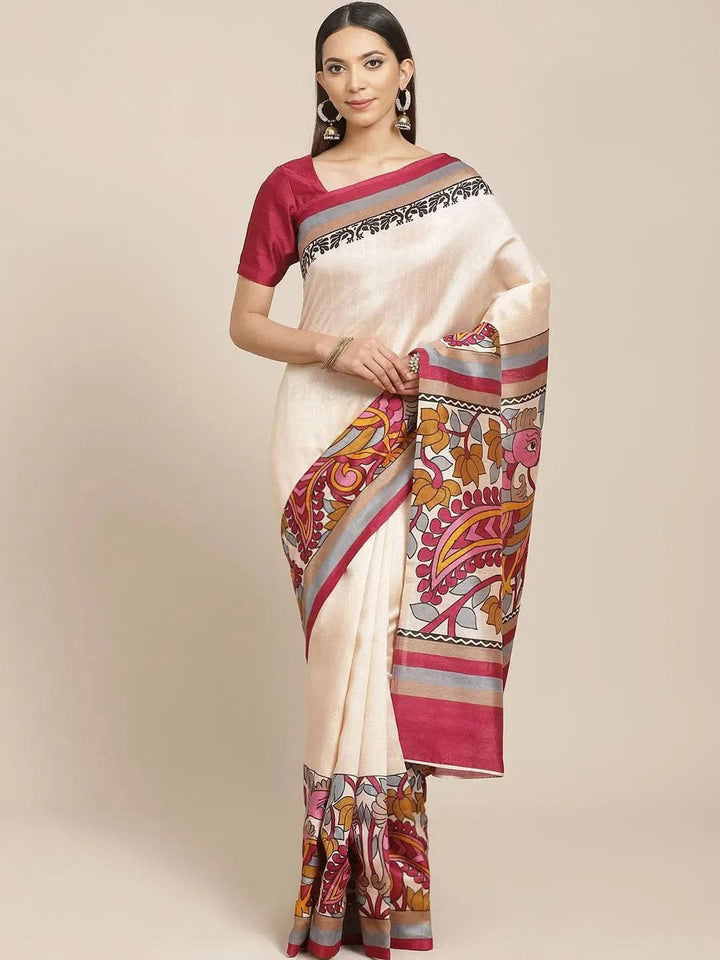 Beige Printed Silk Blend Saree - Libas
