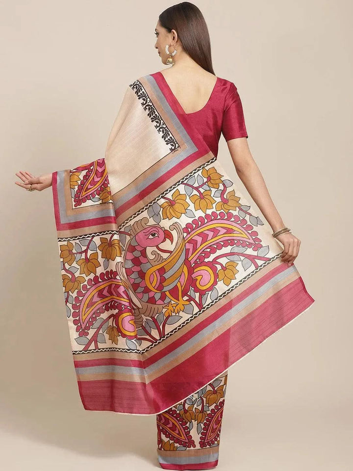 Beige Printed Silk Blend Saree - Libas