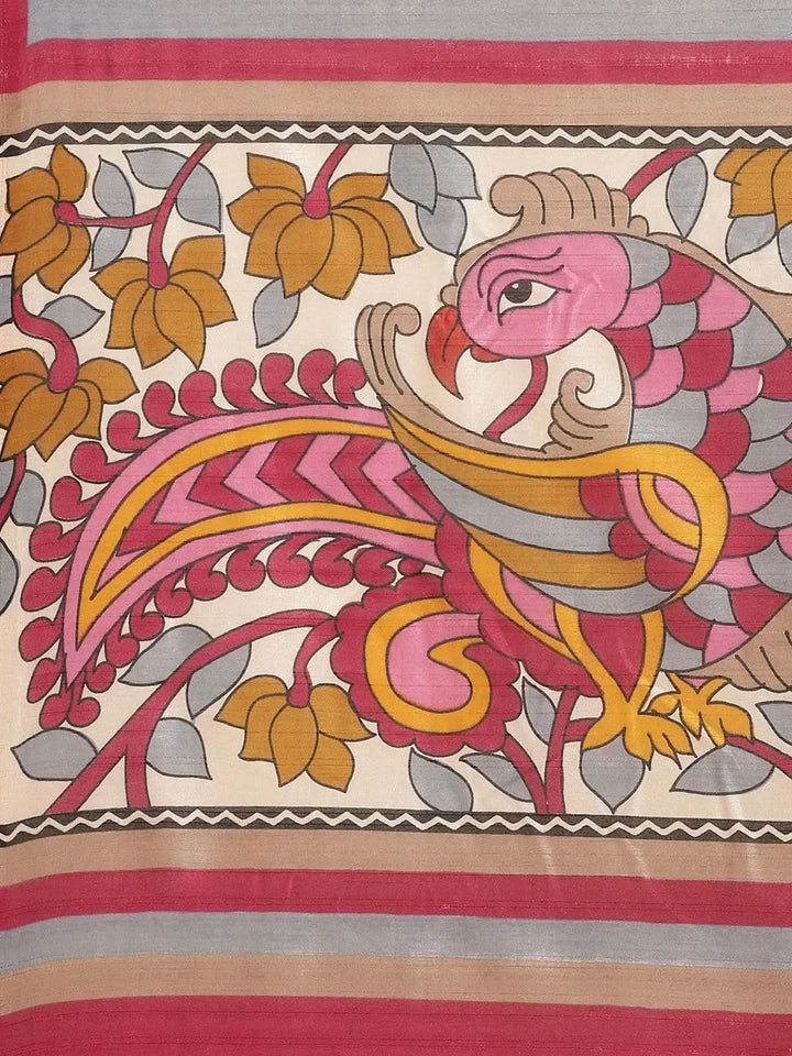 Beige Printed Silk Blend Saree - Libas