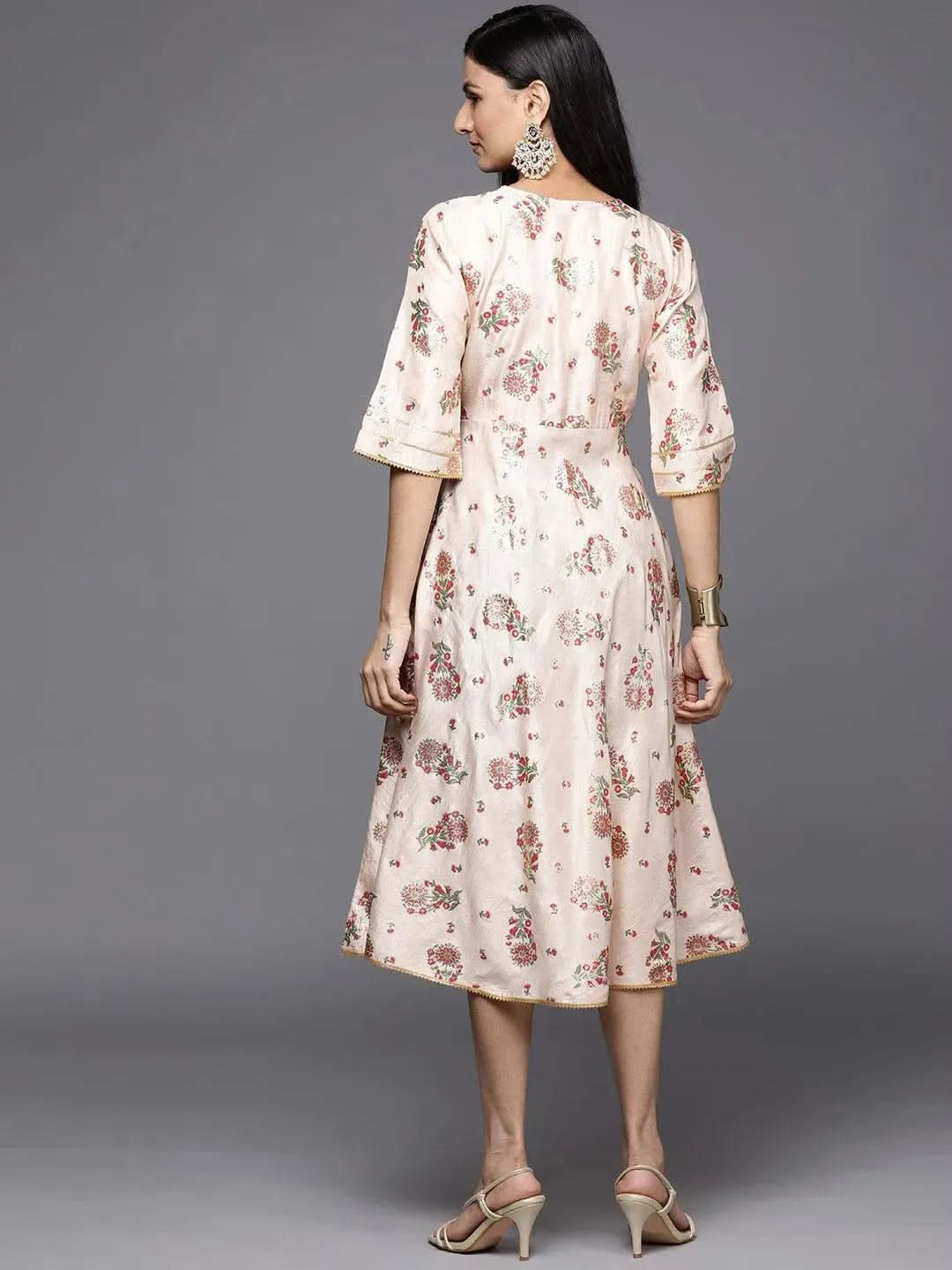 Beige Printed Silk Empire Dress - Libas