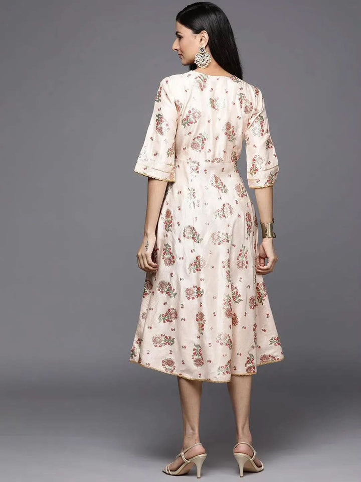 Beige Printed Silk Empire Dress - Libas