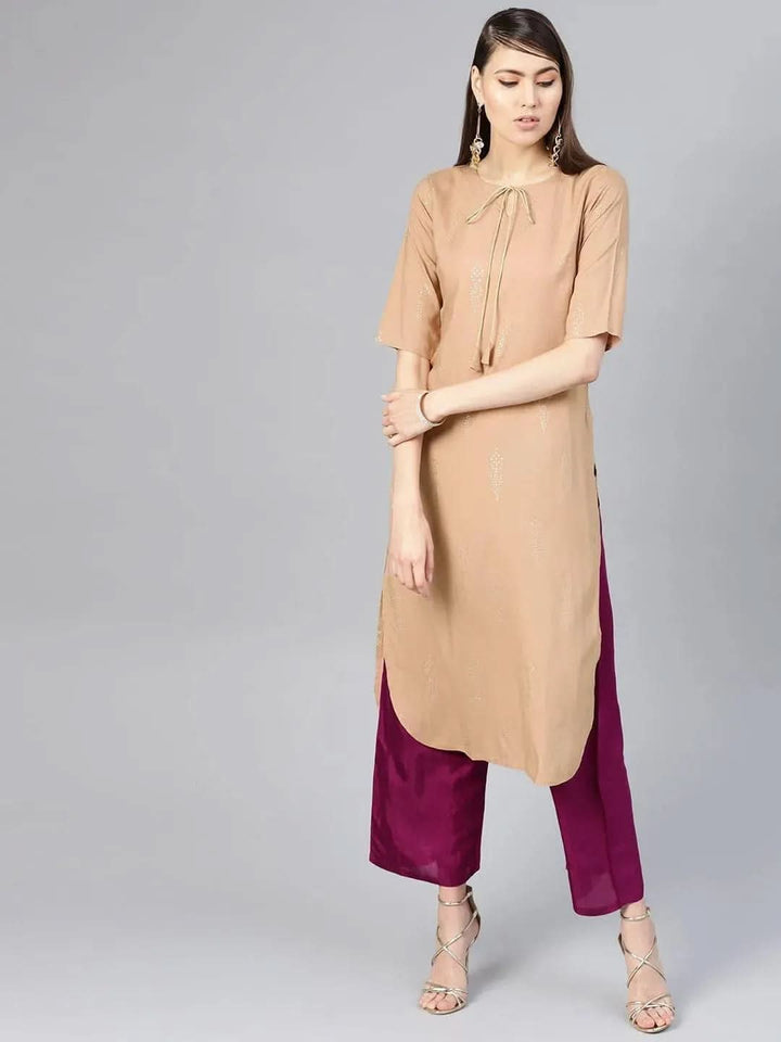 Beige Printed Silk Kurta Set - Libas