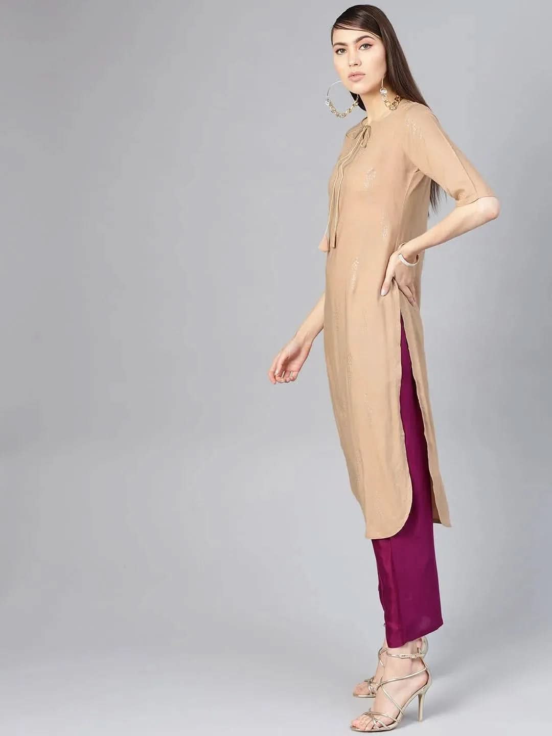 Beige Printed Silk Kurta Set - Libas