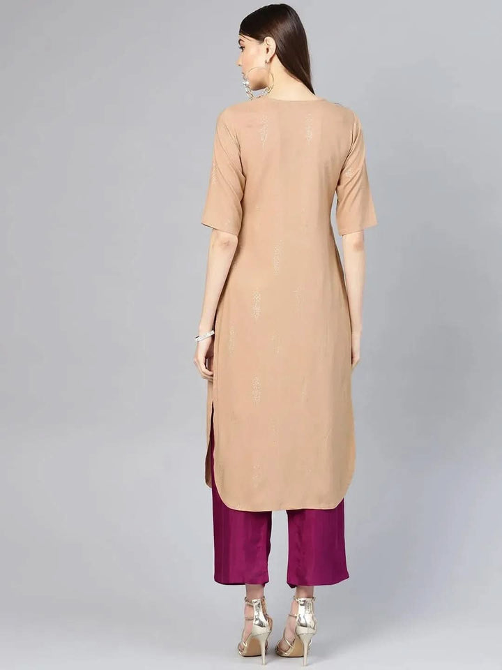 Beige Printed Silk Kurta Set - Libas