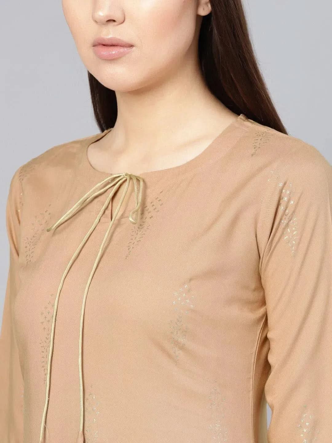 Beige Printed Silk Kurta Set - Libas