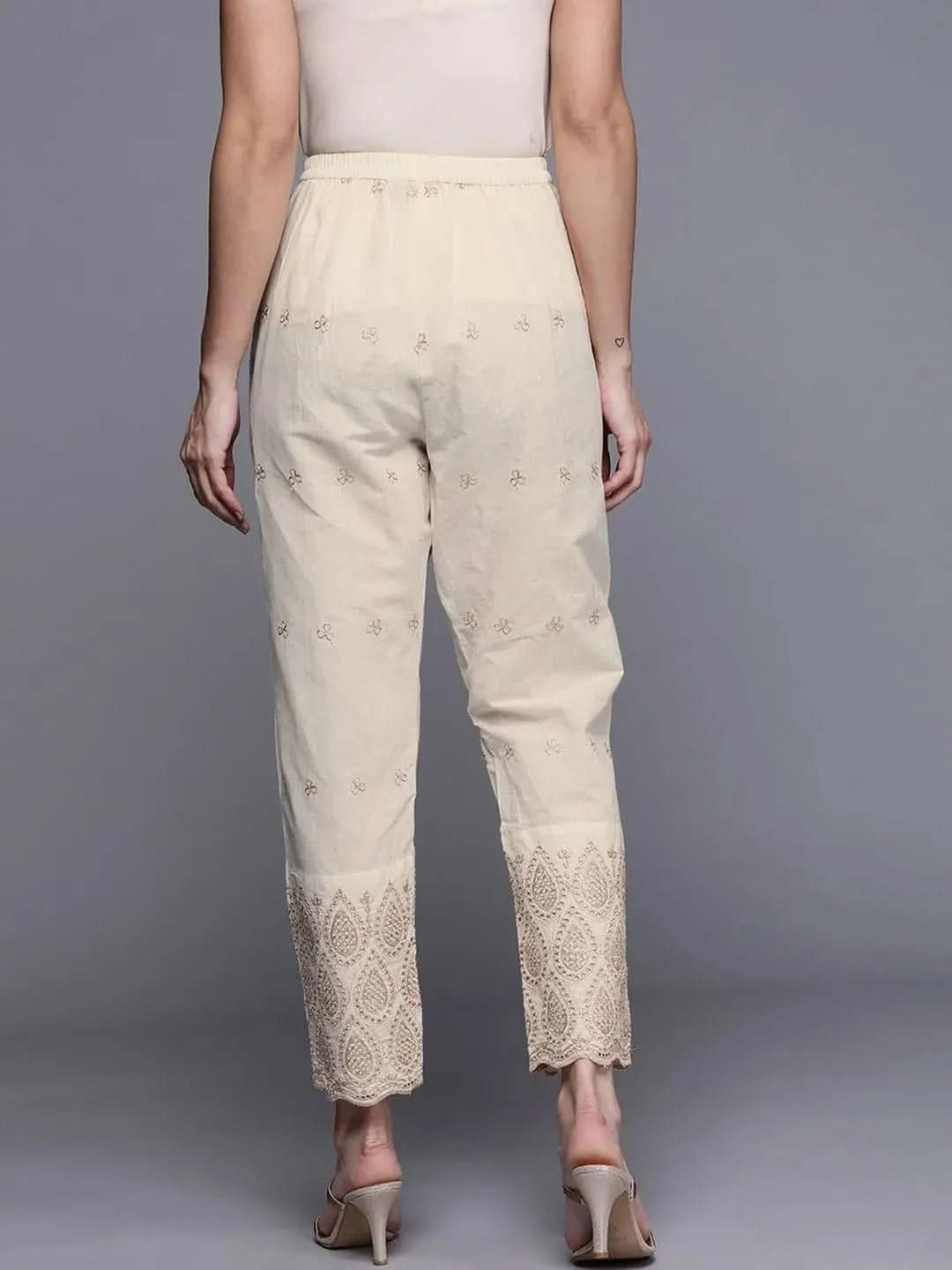 Beige Self Design Cotton Trousers - Libas