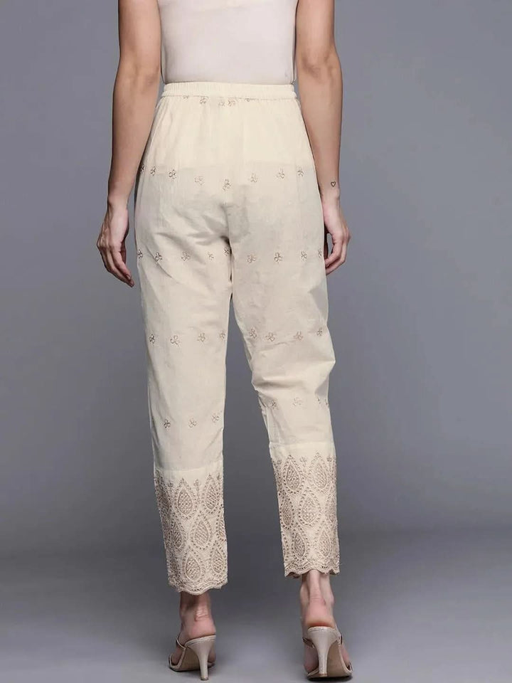 Beige Self Design Cotton Trousers - Libas