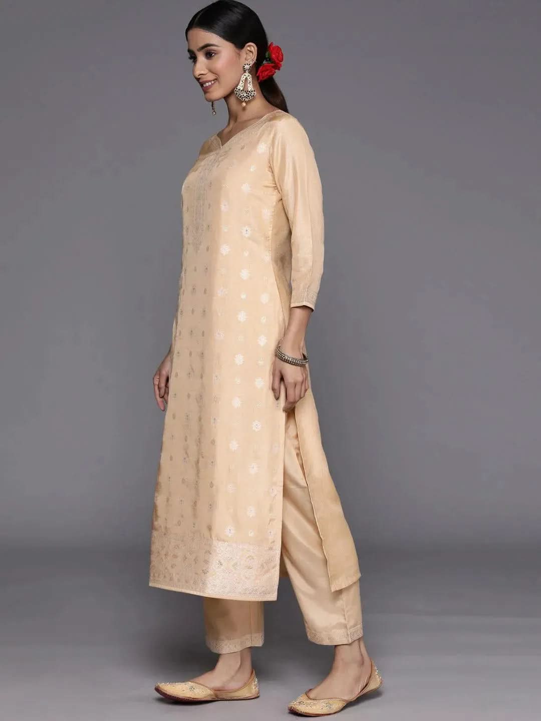 Beige Self Design Silk Blend Suit Set With Trousers - Libas