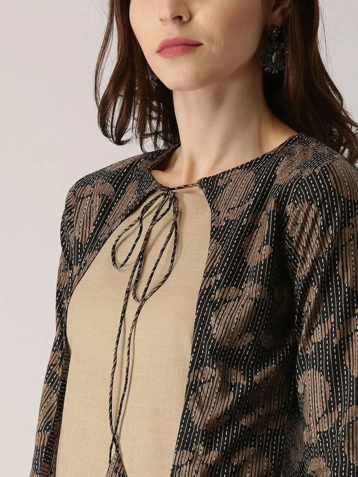 Beige Solid Cotton Kurta With Jacket - Libas