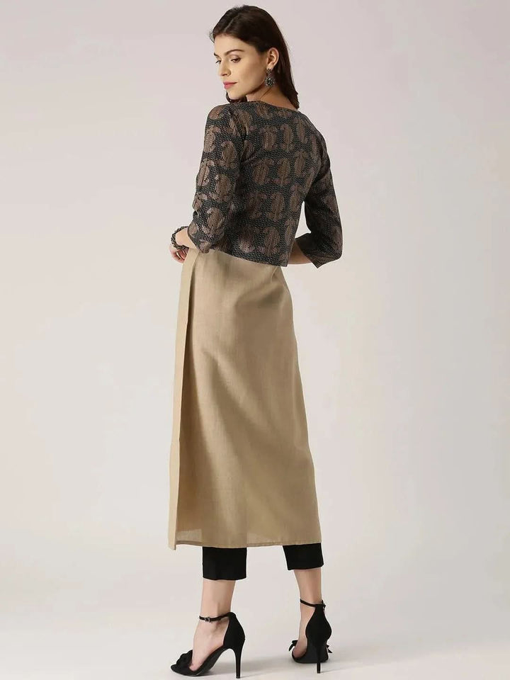 Beige Solid Cotton Kurta With Jacket - Libas