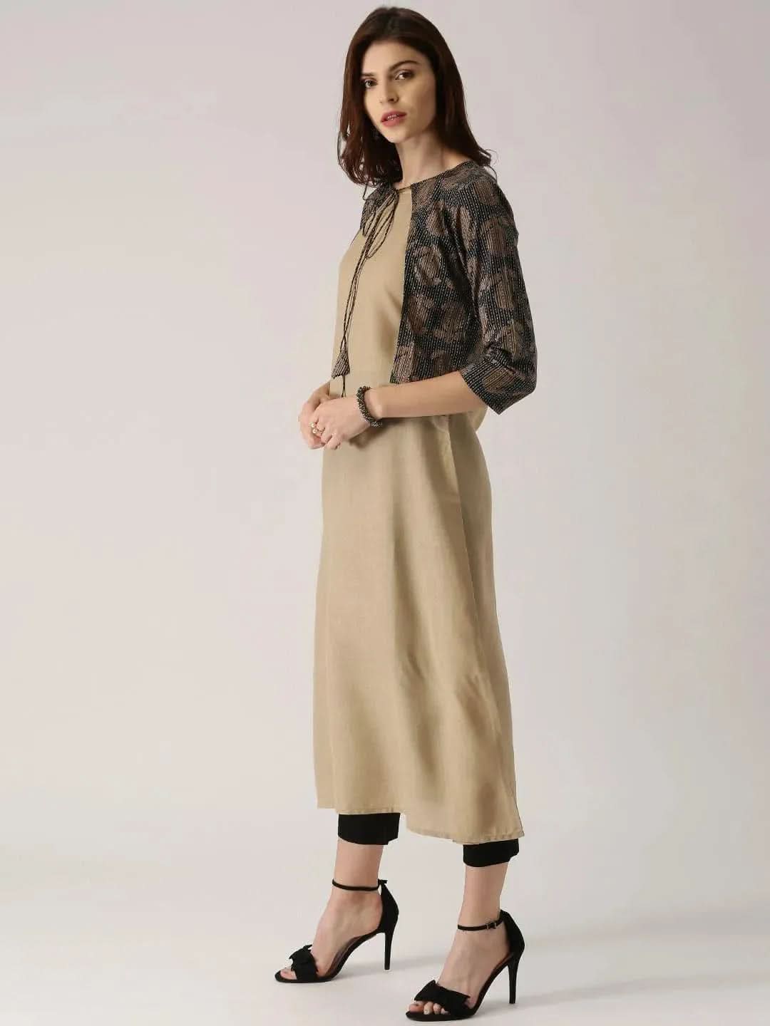 Beige Solid Cotton Kurta With Jacket - Libas