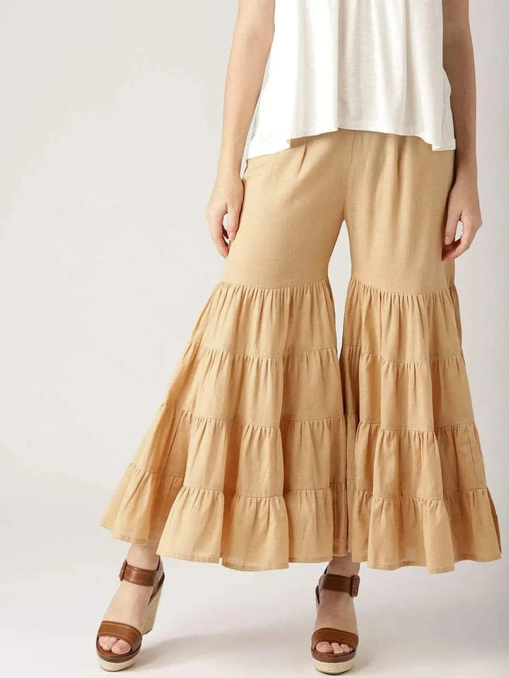 Beige Solid Cotton Palazzos - Libas
