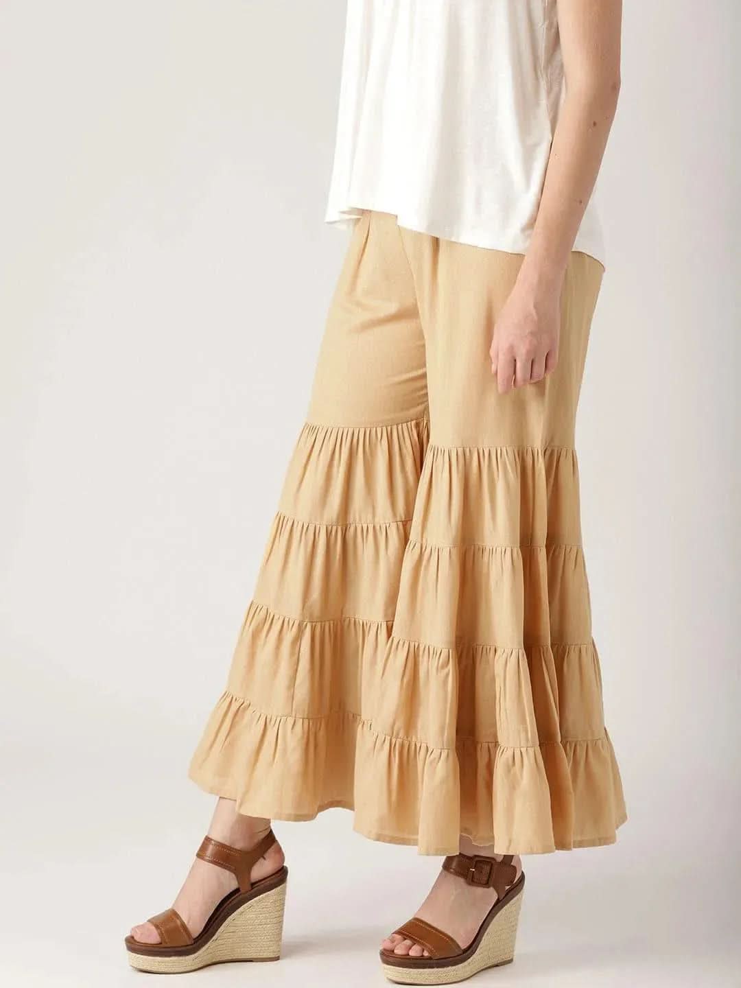 Beige Solid Cotton Palazzos - Libas