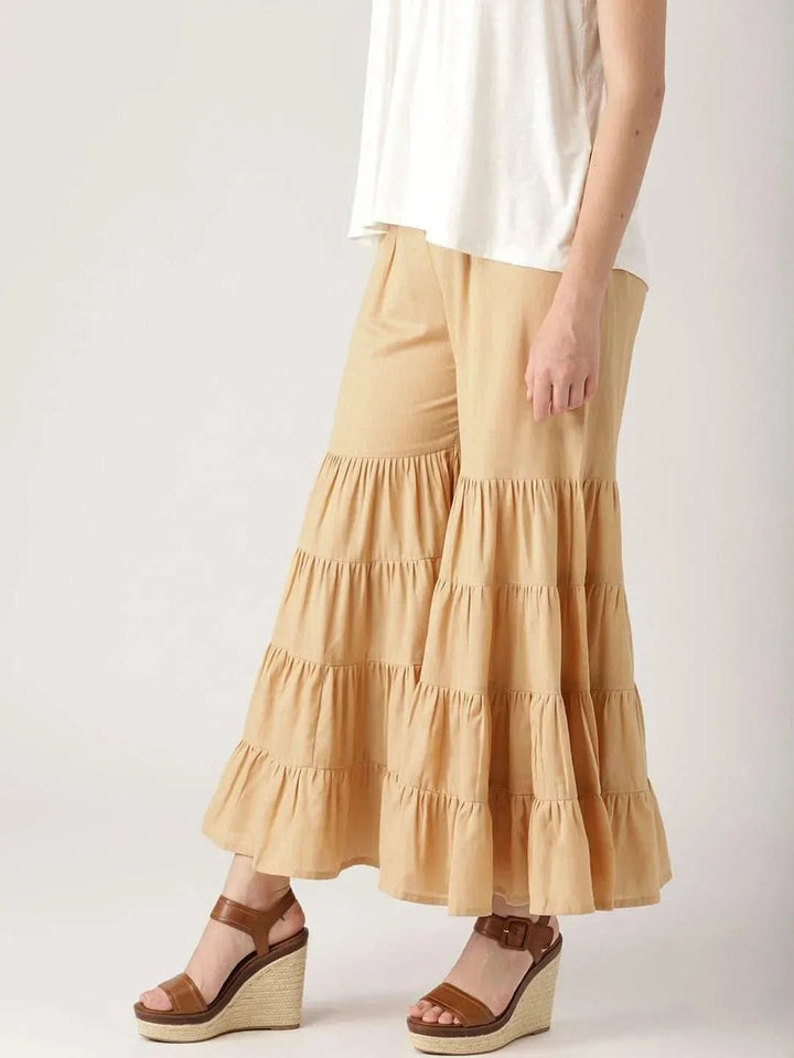 Beige Solid Cotton Palazzos - Libas
