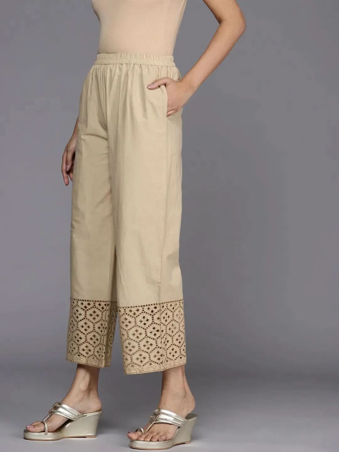 Beige Solid Cotton Palazzos - Libas