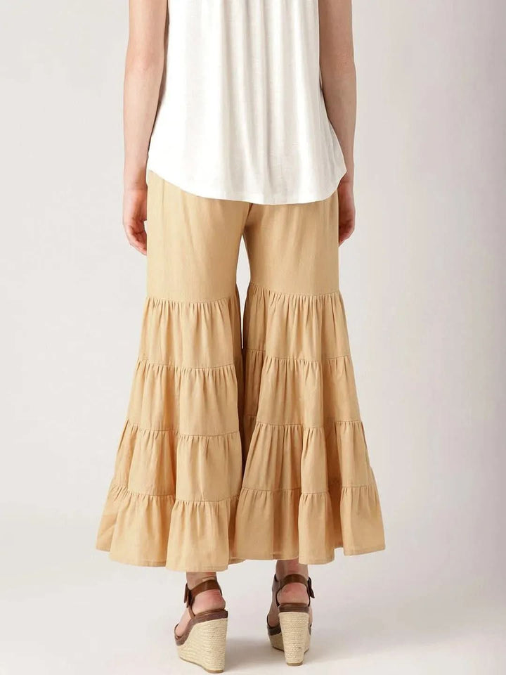 Beige Solid Cotton Palazzos - Libas