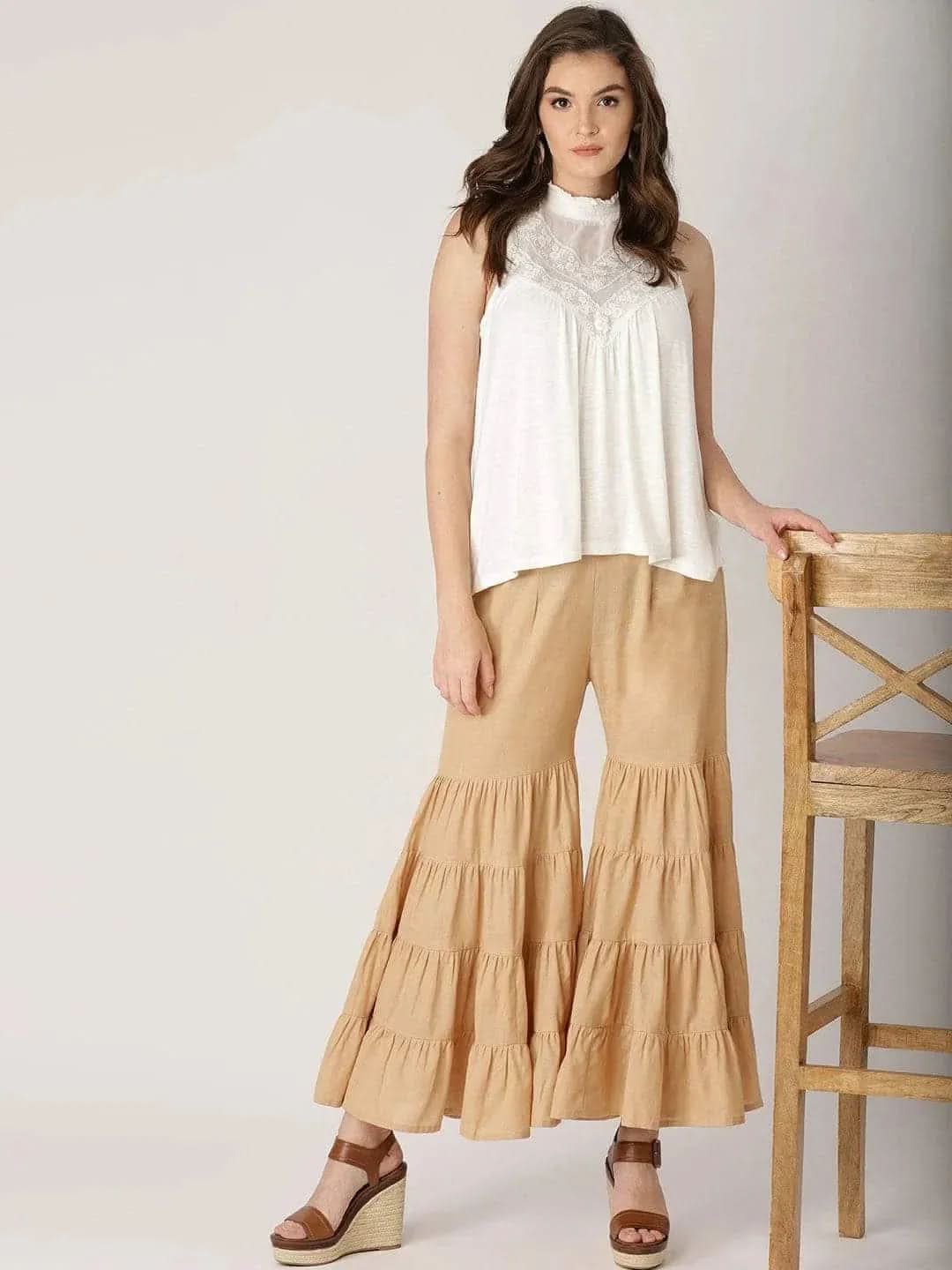 Beige Solid Cotton Palazzos - Libas