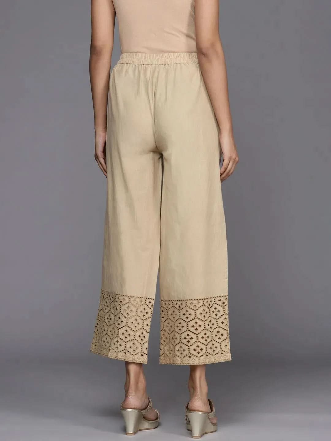 Beige Solid Cotton Palazzos - Libas