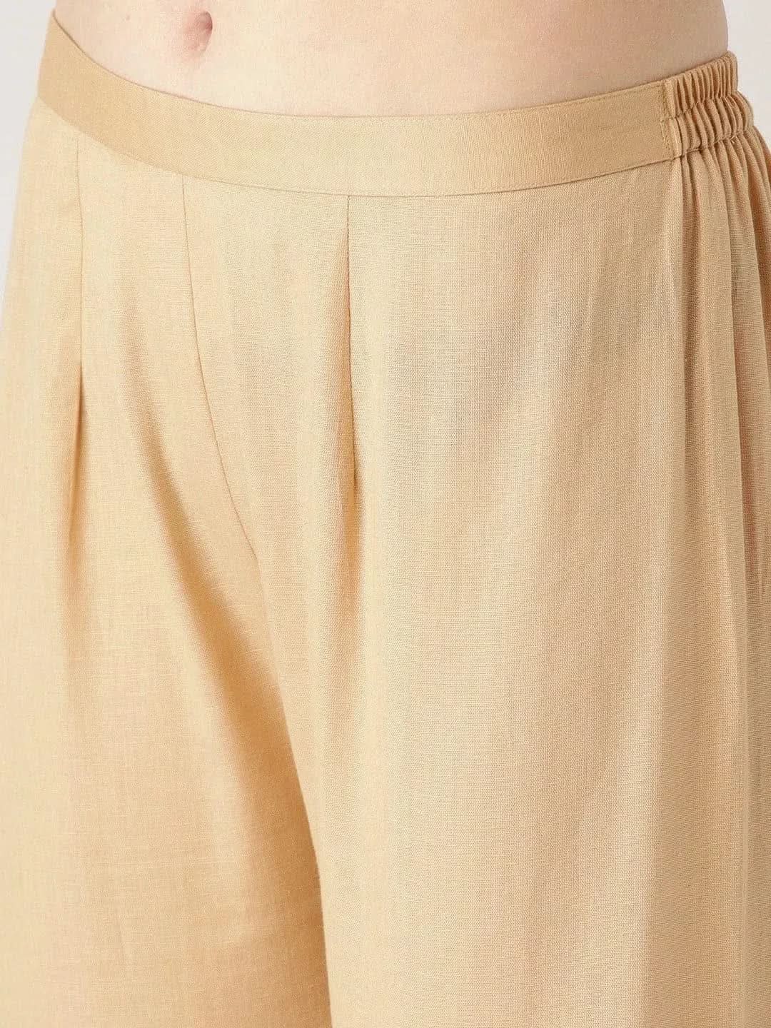 Beige Solid Cotton Palazzos - Libas