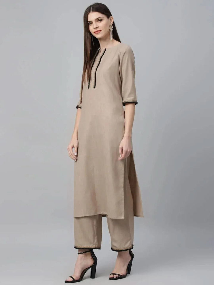Beige Solid Cotton Suit Set - Libas