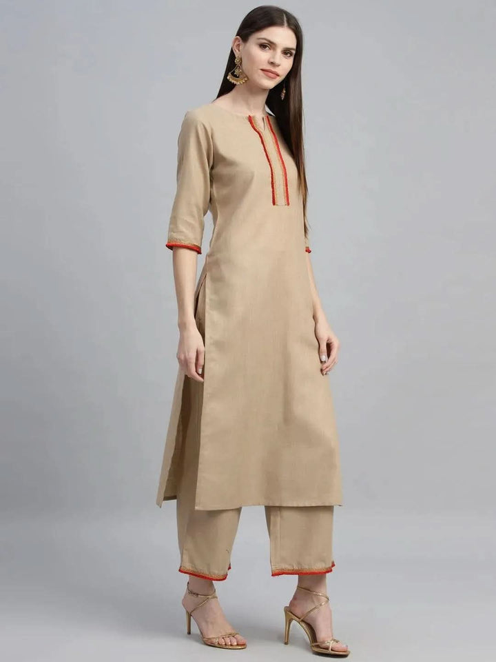 Beige Solid Cotton Suit Set - Libas