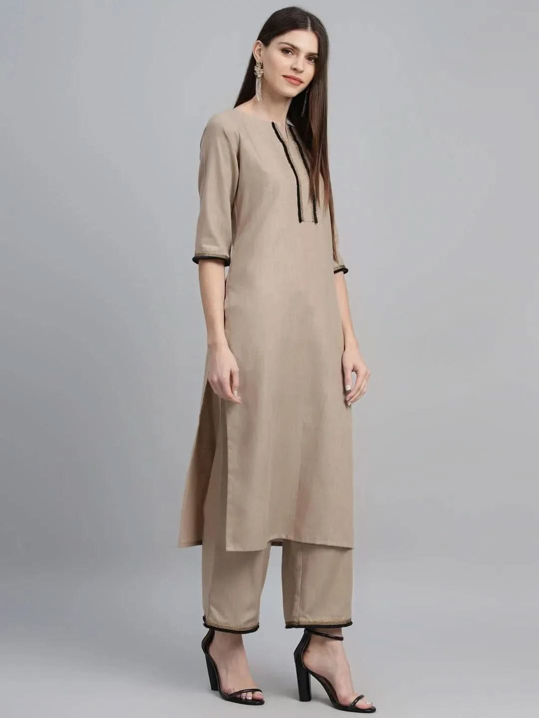 Beige Solid Cotton Suit Set - Libas