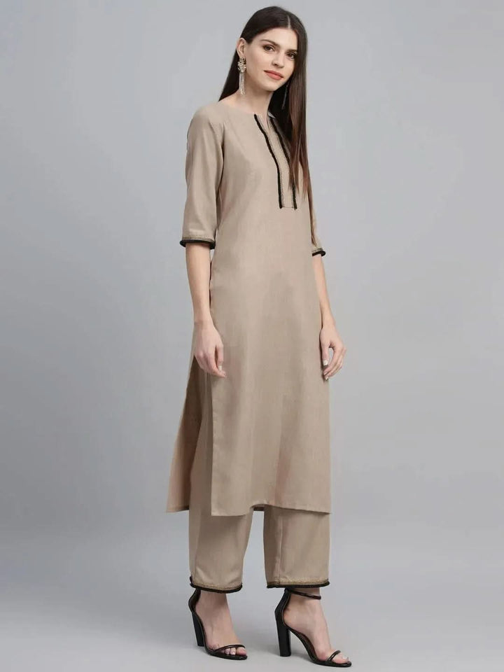 Beige Solid Cotton Suit Set - Libas
