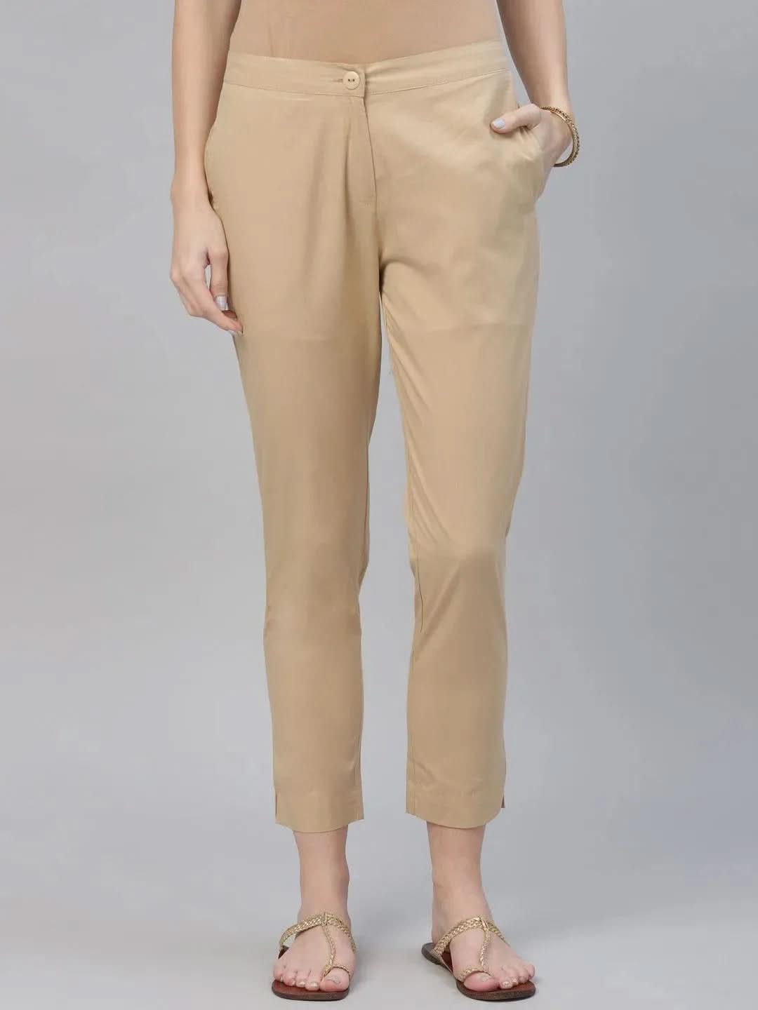 Beige Solid Cotton Trousers - Libas