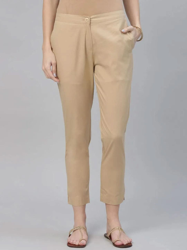 Beige Solid Cotton Trousers - Libas