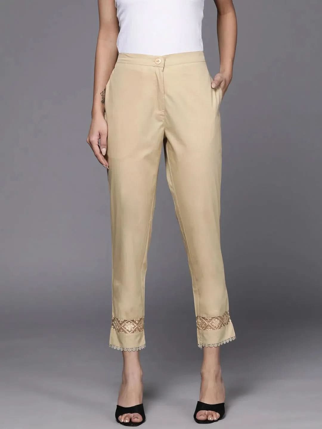 Beige Solid Cotton Trousers - Libas