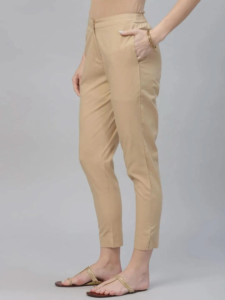 Beige Solid Cotton Trousers - Libas