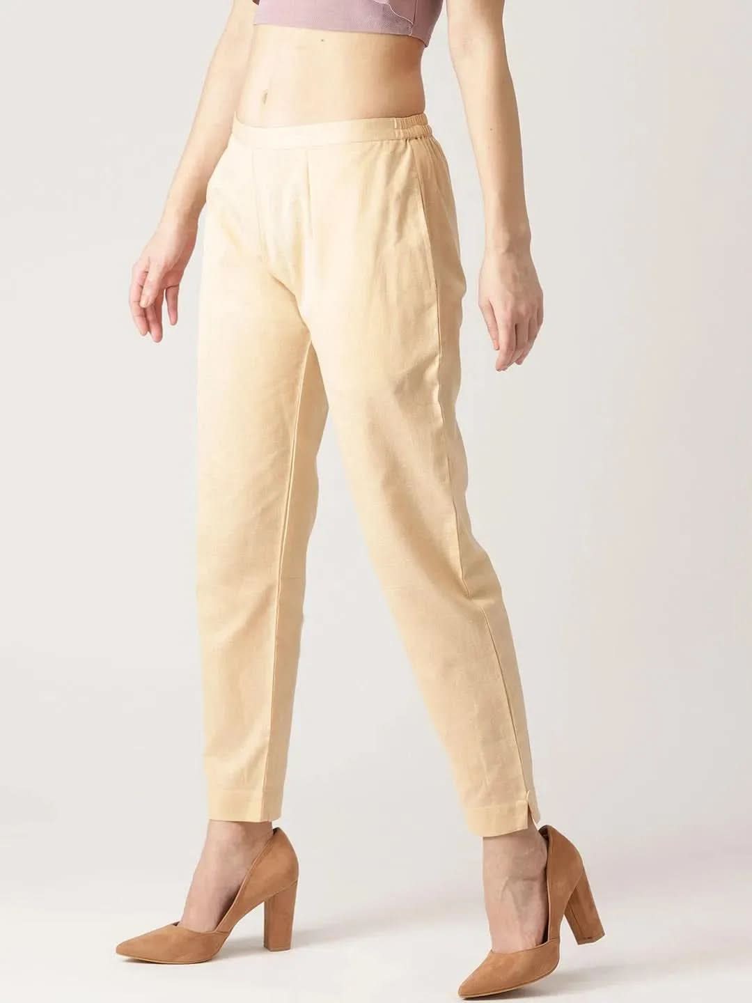 Beige Solid Cotton Trousers - Libas