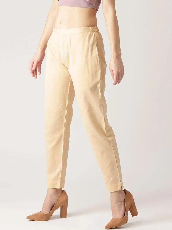 Beige Solid Cotton Trousers - Libas