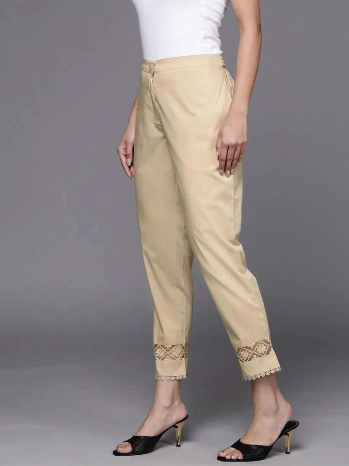 Beige Solid Cotton Trousers - Libas