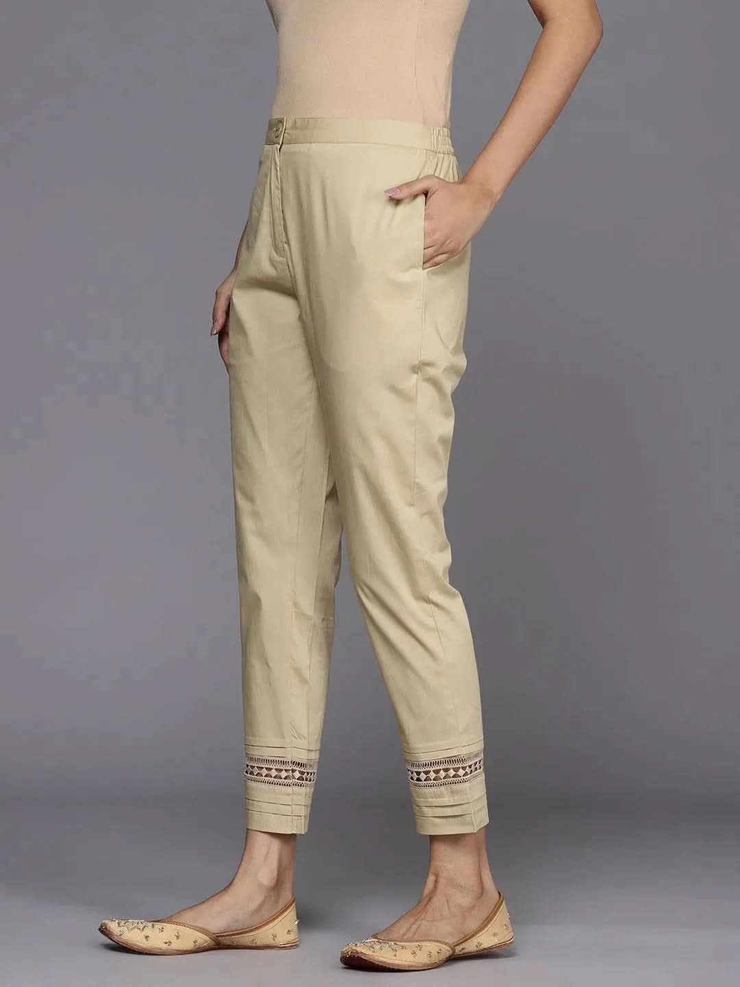 Beige Solid Cotton Trousers - Libas