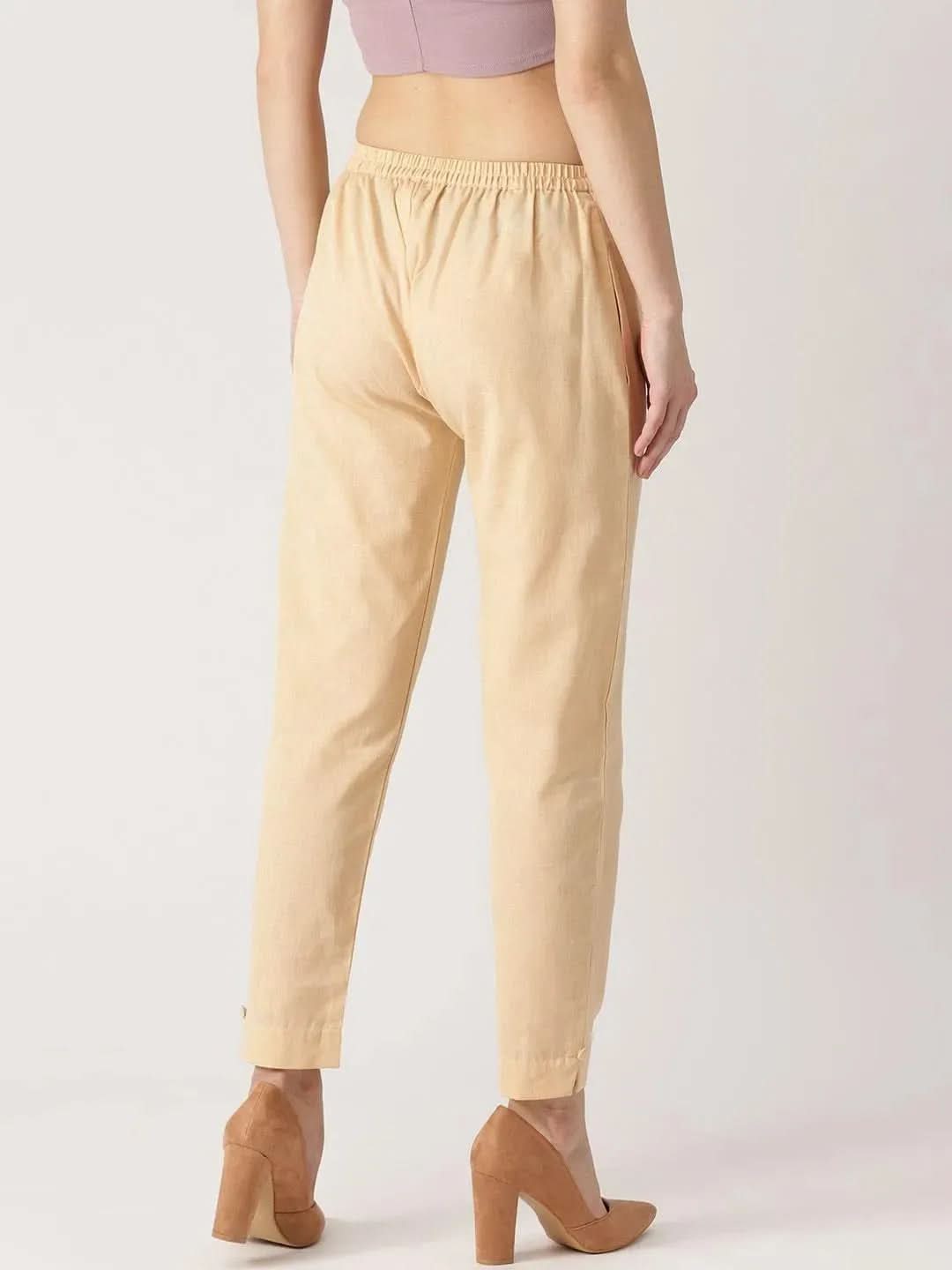 Beige Solid Cotton Trousers - Libas