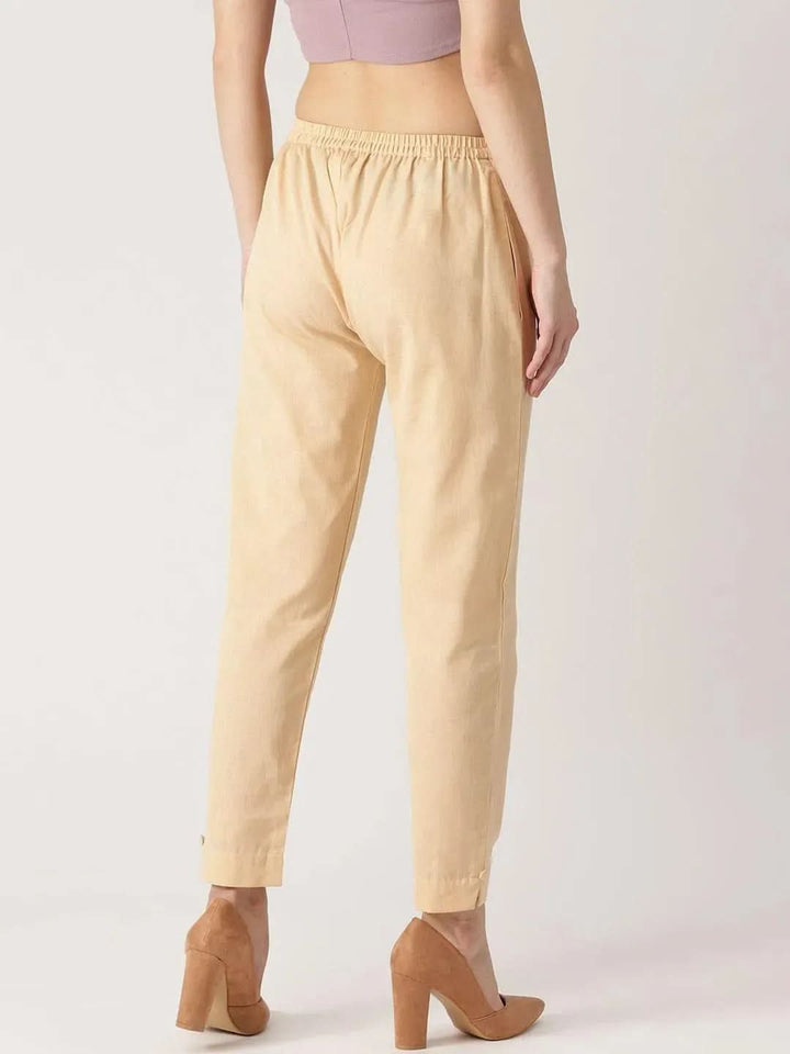Beige Solid Cotton Trousers - Libas