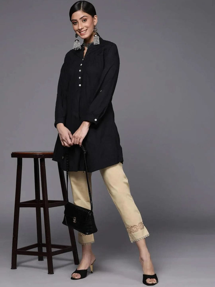 Beige Solid Cotton Trousers - Libas