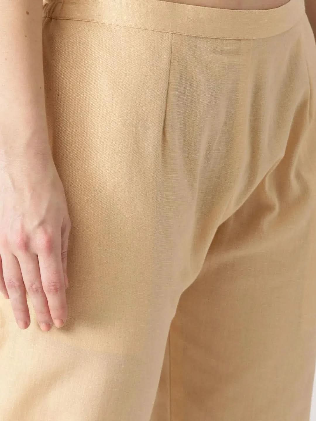 Beige Solid Cotton Trousers - Libas