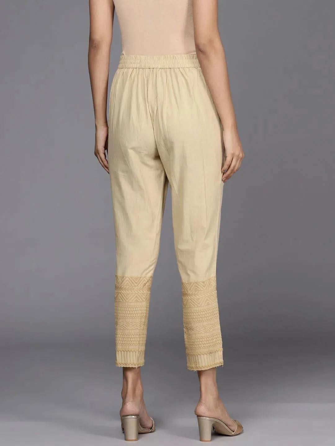 Beige Solid Cotton Trousers - Libas