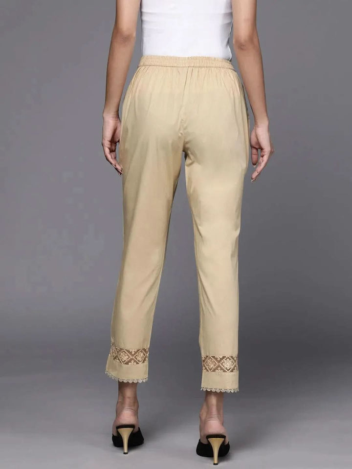Beige Solid Cotton Trousers - Libas