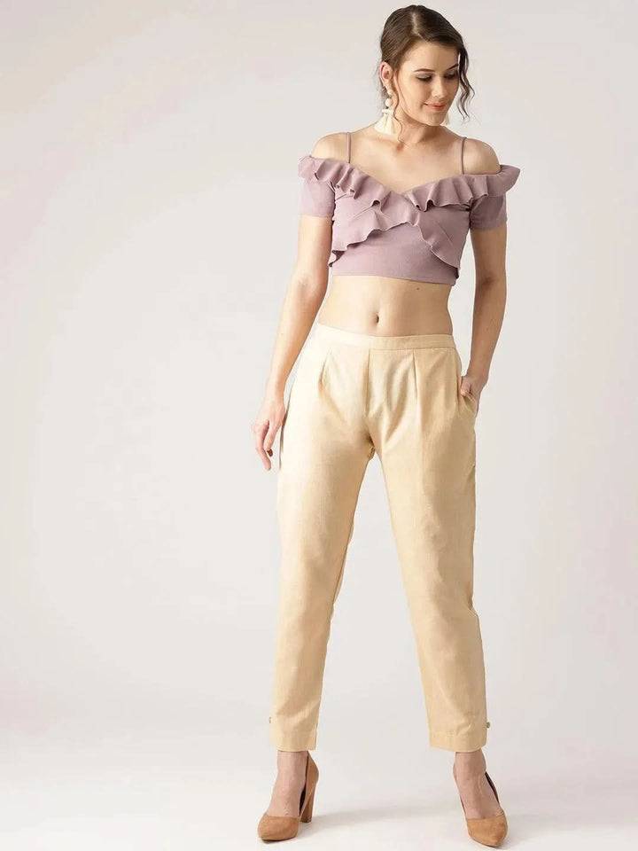 Beige Solid Cotton Trousers - Libas