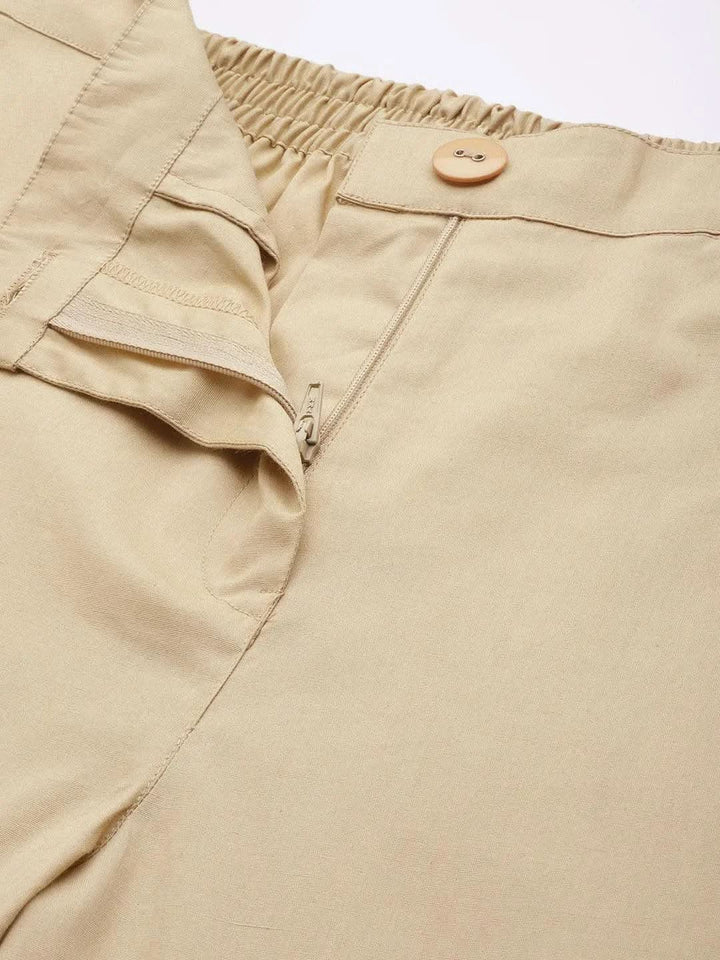 Beige Solid Cotton Trousers - Libas