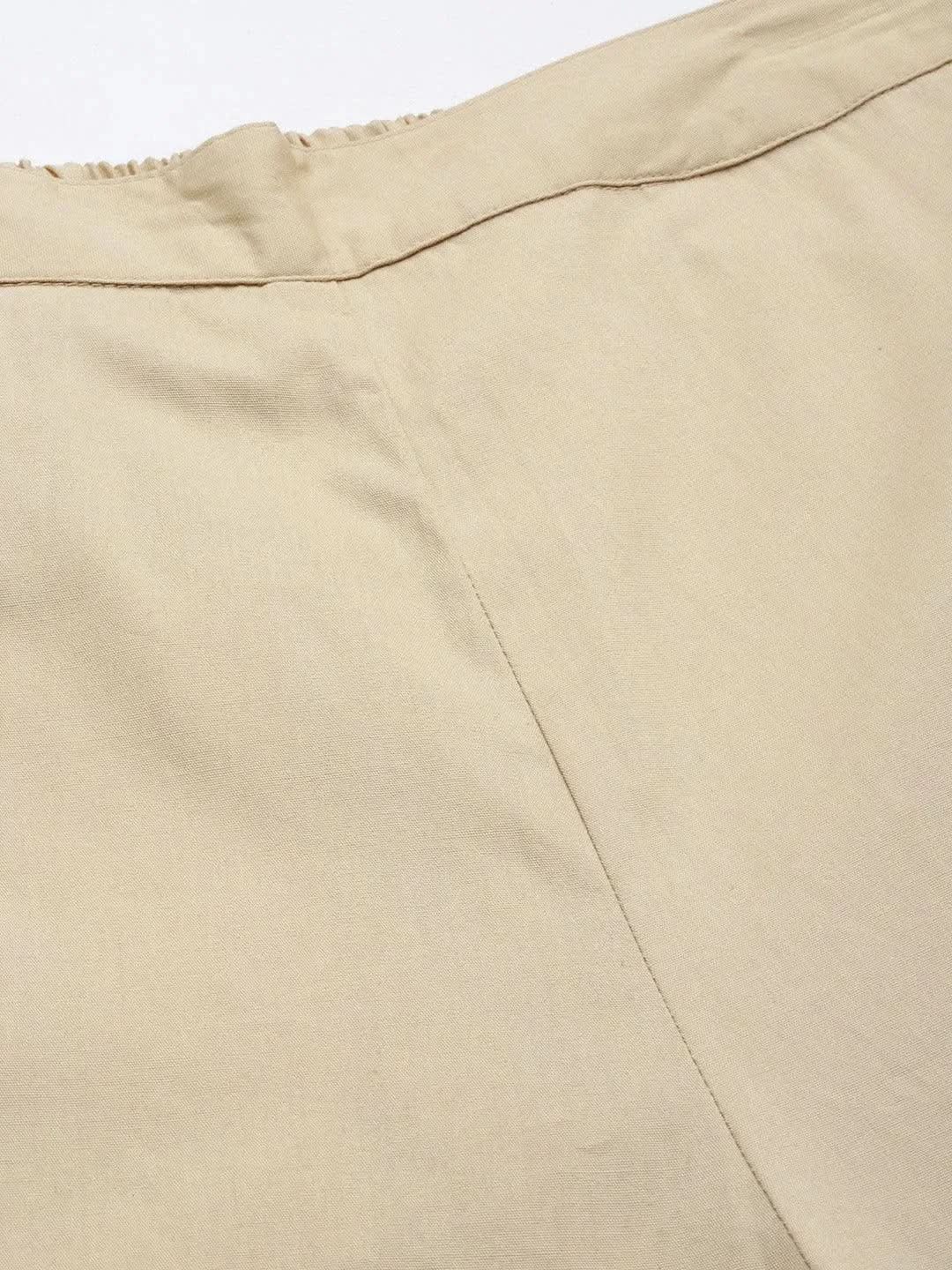 Beige Solid Cotton Trousers - Libas