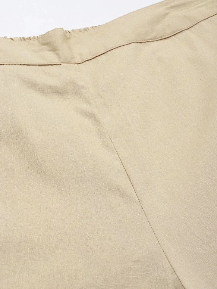 Beige Solid Cotton Trousers - Libas