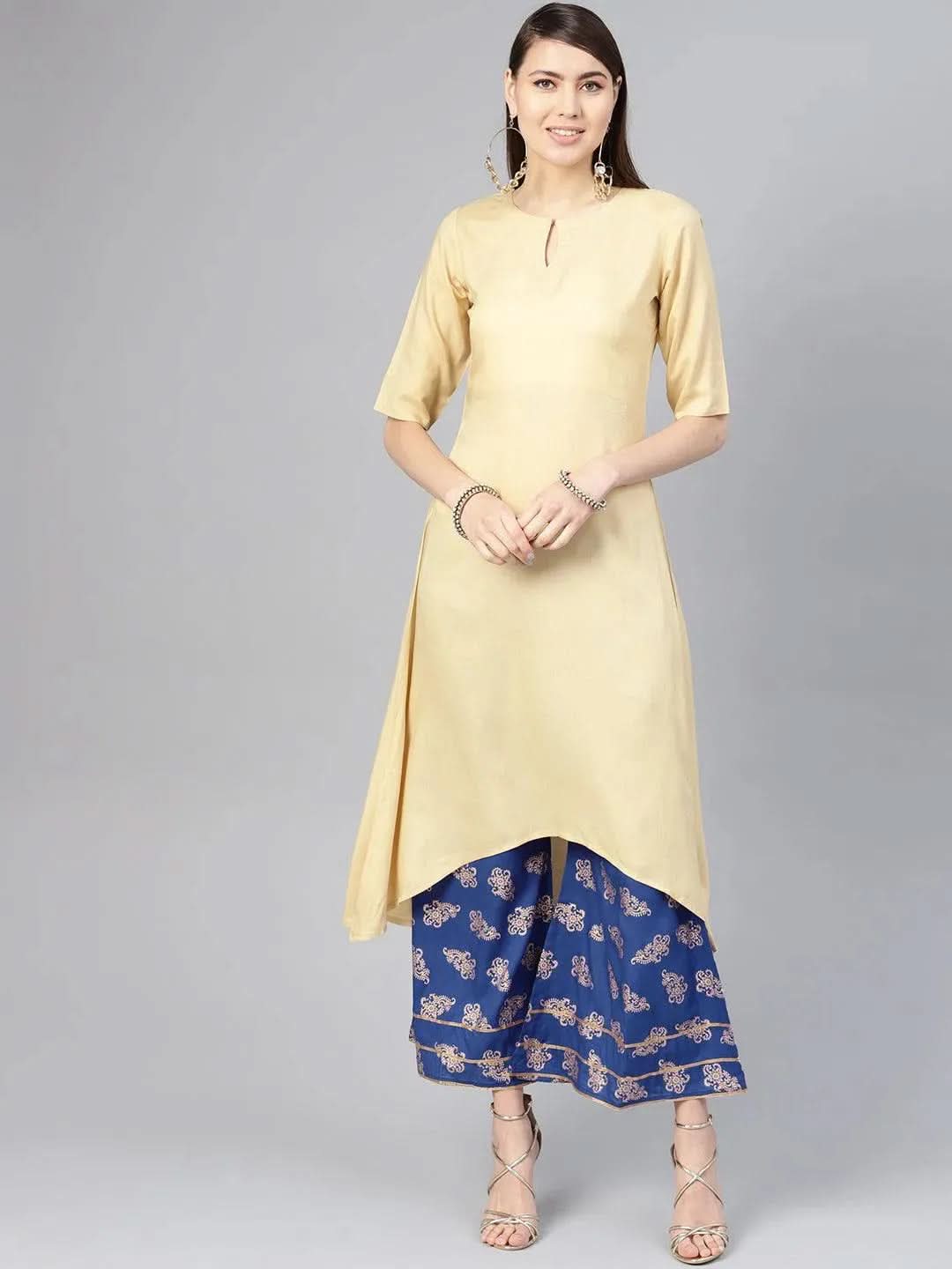 Beige Solid Rayon A-Line Kurta With Palazzos
Beige Solid Rayon A-Line Kurta With Palazzos