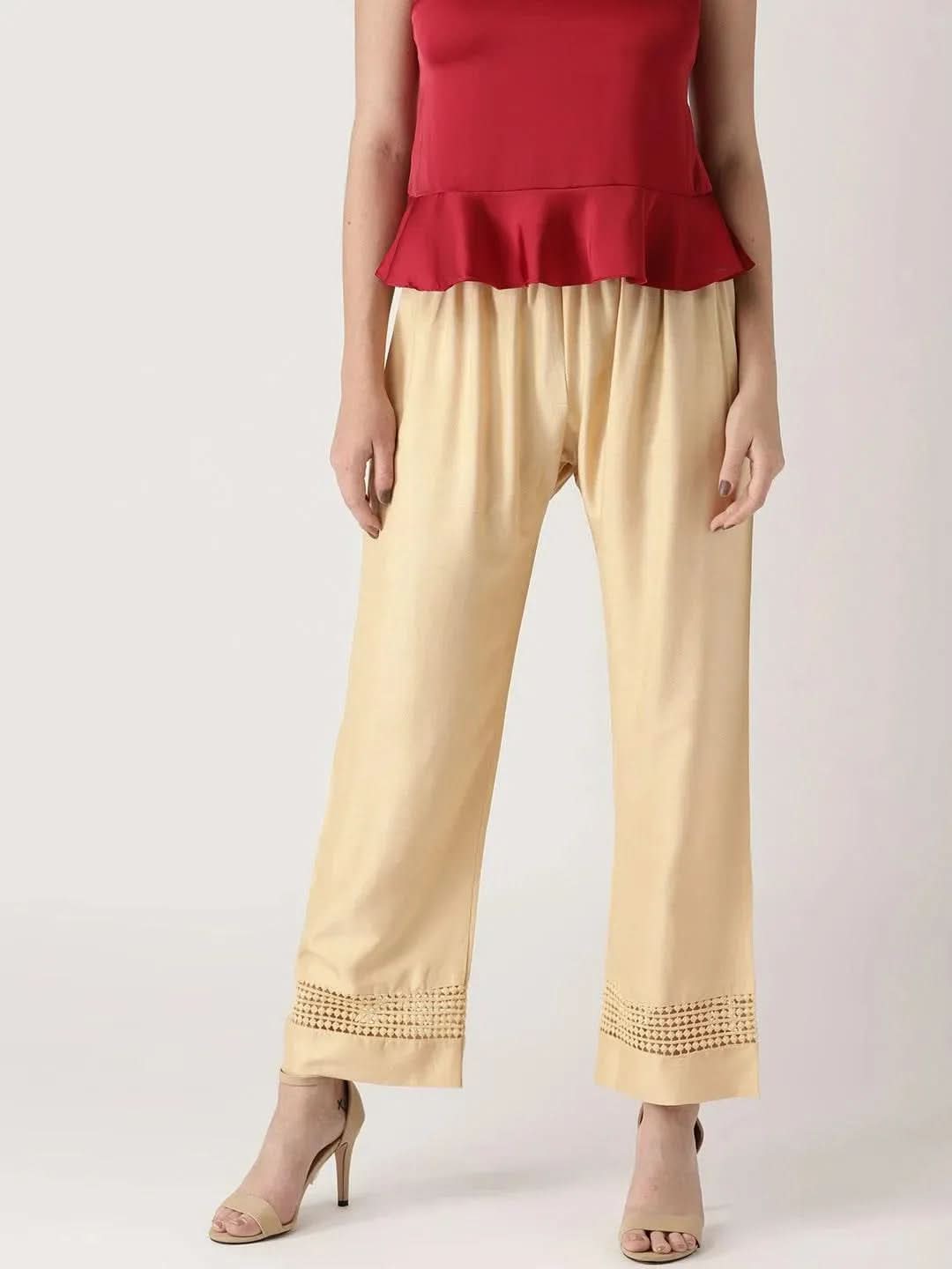 Beige Solid Rayon Palazzos - Libas