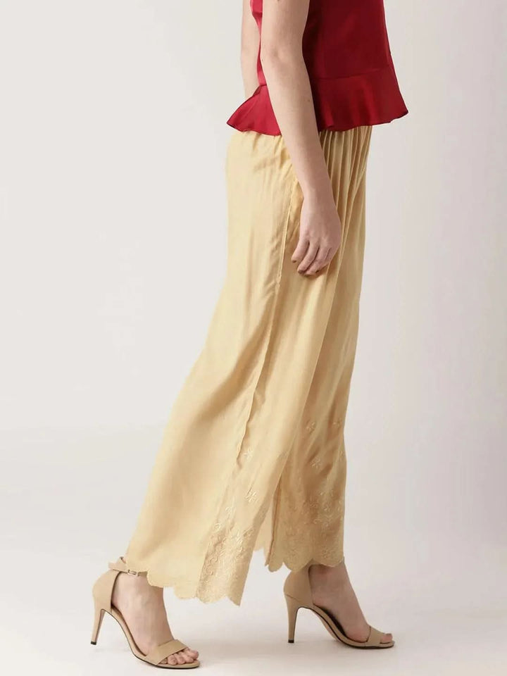 Beige Solid Rayon Palazzos - Libas