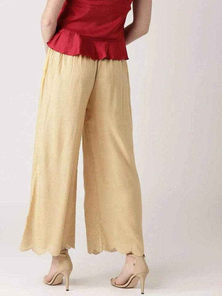 Beige Solid Rayon Palazzos - Libas